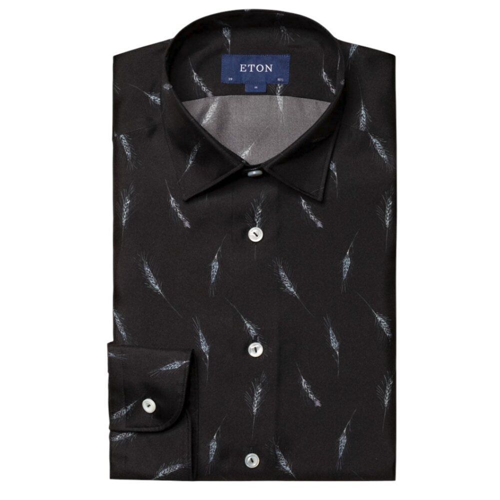 Eton Black Wheat Print Silk Shirt Men's XL Slim Button Long Sleeve Shirt
